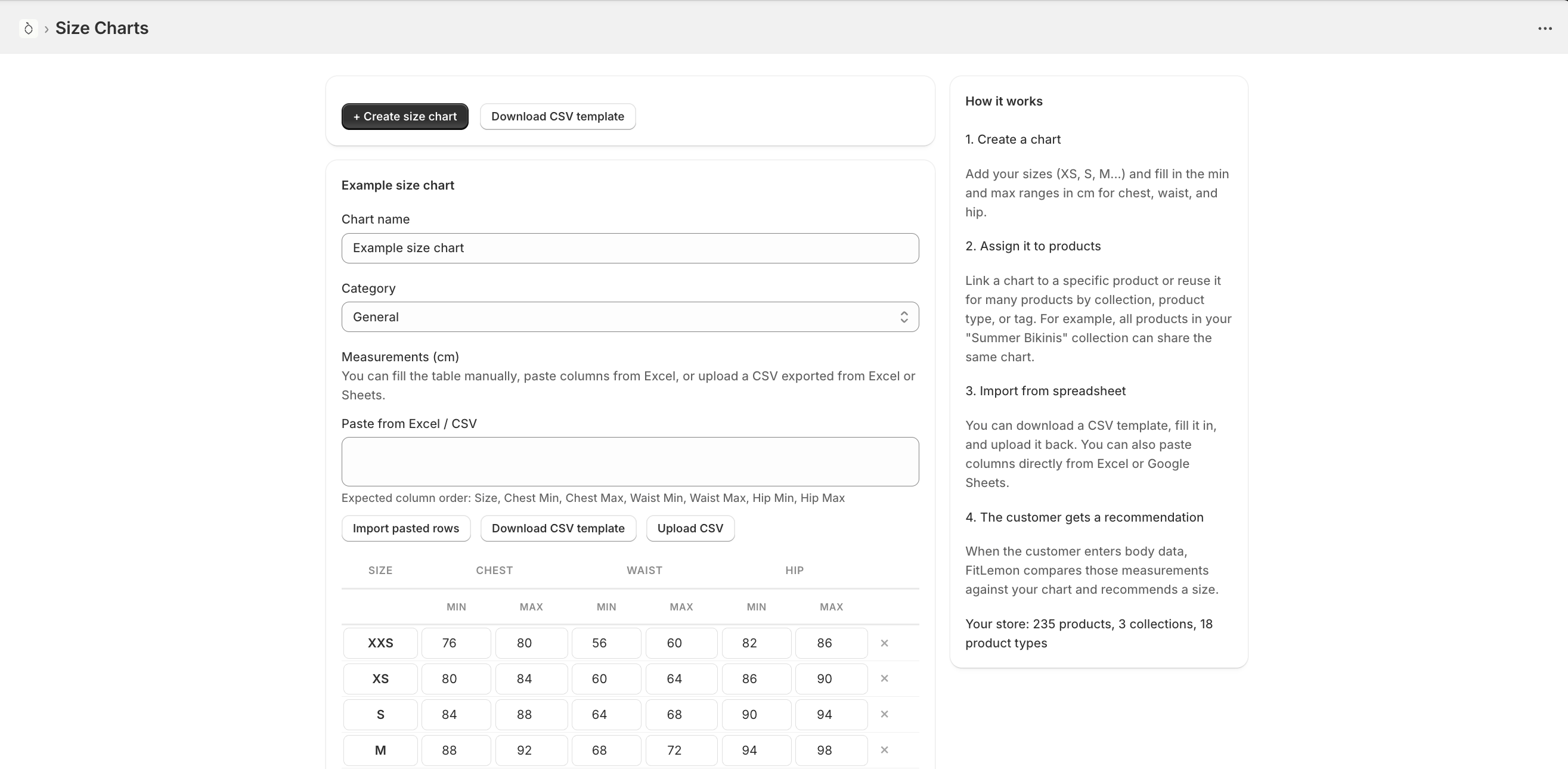 FitLemon admin view for creating a size chart